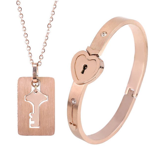 Couple Lovers Jewelry Love Heart Lock Bracelet Stainless Steel Bangles Key Pendant Necklace