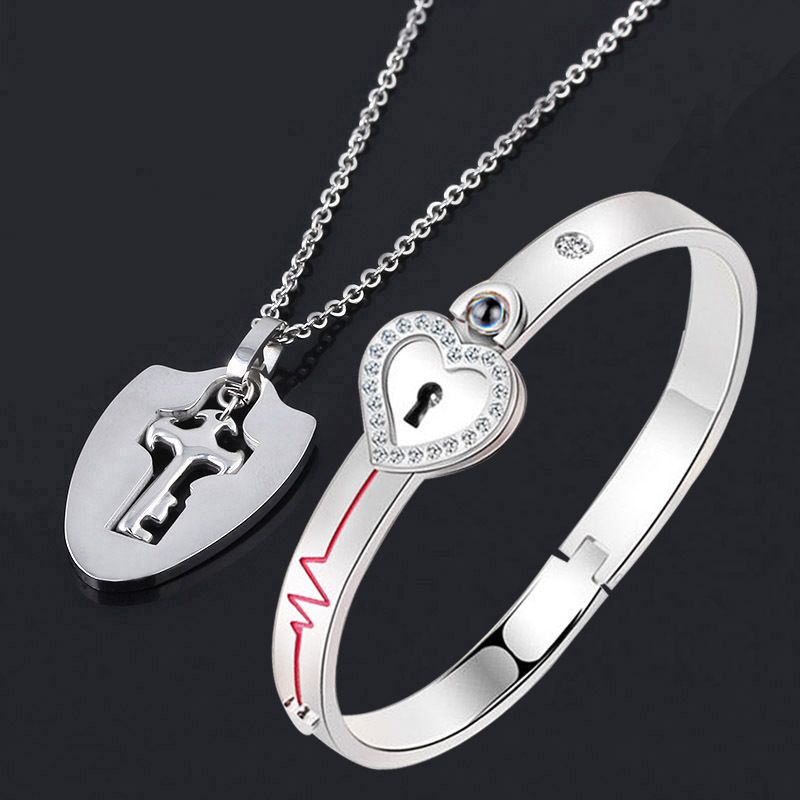 Couple Lovers Jewelry Love Heart Lock Bracelet Stainless Steel Bangles Key Pendant Necklace