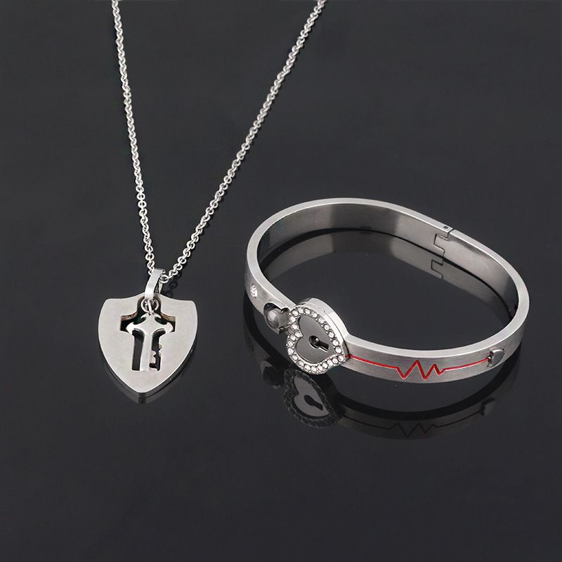 Couple Lovers Jewelry Love Heart Lock Bracelet Stainless Steel Bangles Key Pendant Necklace