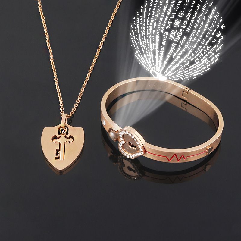 Couple Lovers Jewelry Love Heart Lock Bracelet Stainless Steel Bangles Key Pendant Necklace