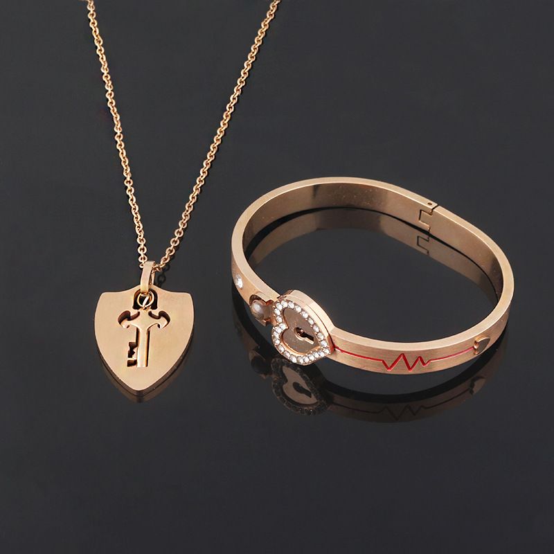 Couple Lovers Jewelry Love Heart Lock Bracelet Stainless Steel Bangles Key Pendant Necklace