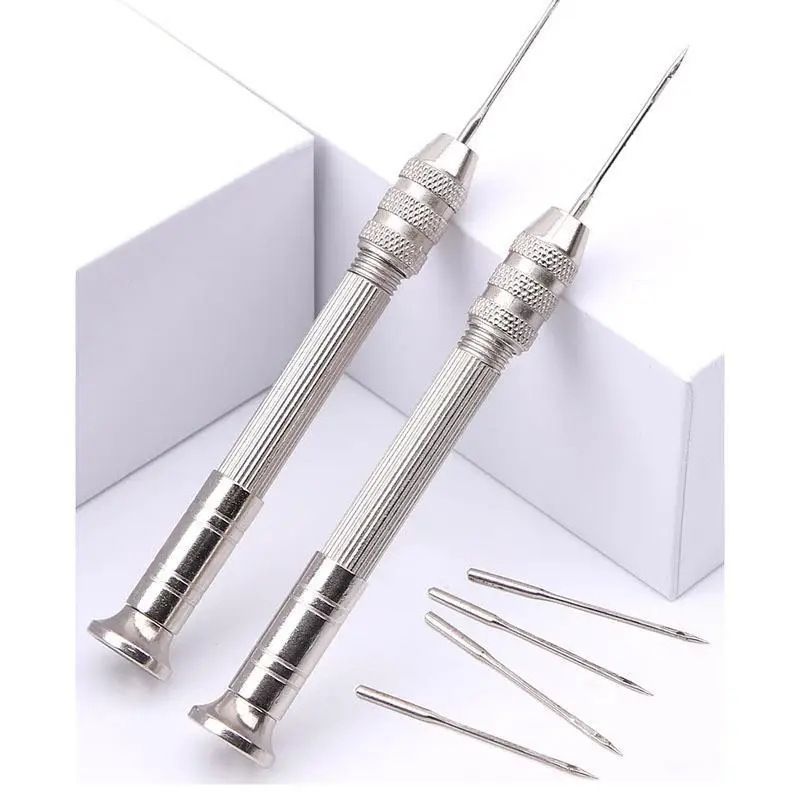 5Pcs/set Leather Sewing Kit Replaceable Needle with Awl Handle Set DIY Leathercraft Shoes Repair Tools Punch Stitching Needles