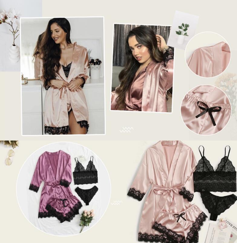 New Arrival 4Pcs/Set Women Lace Sexy Pajamas Lace Tank Top+Sexy Shorts+Gown Three Piece Set Large Size Nightdress Stretch Satin Like Silk Fabrica Pure Color Three Pieces Underwear Lace Sexy Sleepwear