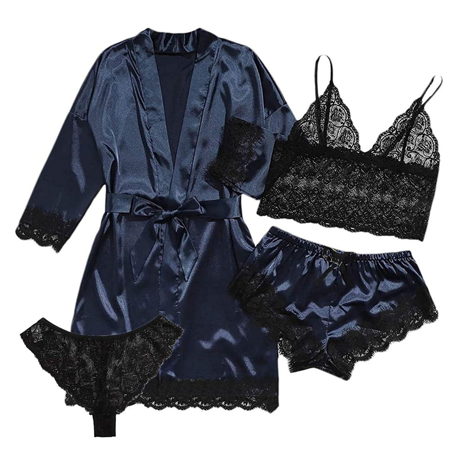 New Arrival 4Pcs/Set Women Lace Sexy Pajamas Lace Tank Top+Sexy Shorts+Gown Three Piece Set Large Size Nightdress Stretch Satin Like Silk Fabrica Pure Color Three Pieces Underwear Lace Sexy Sleepwear