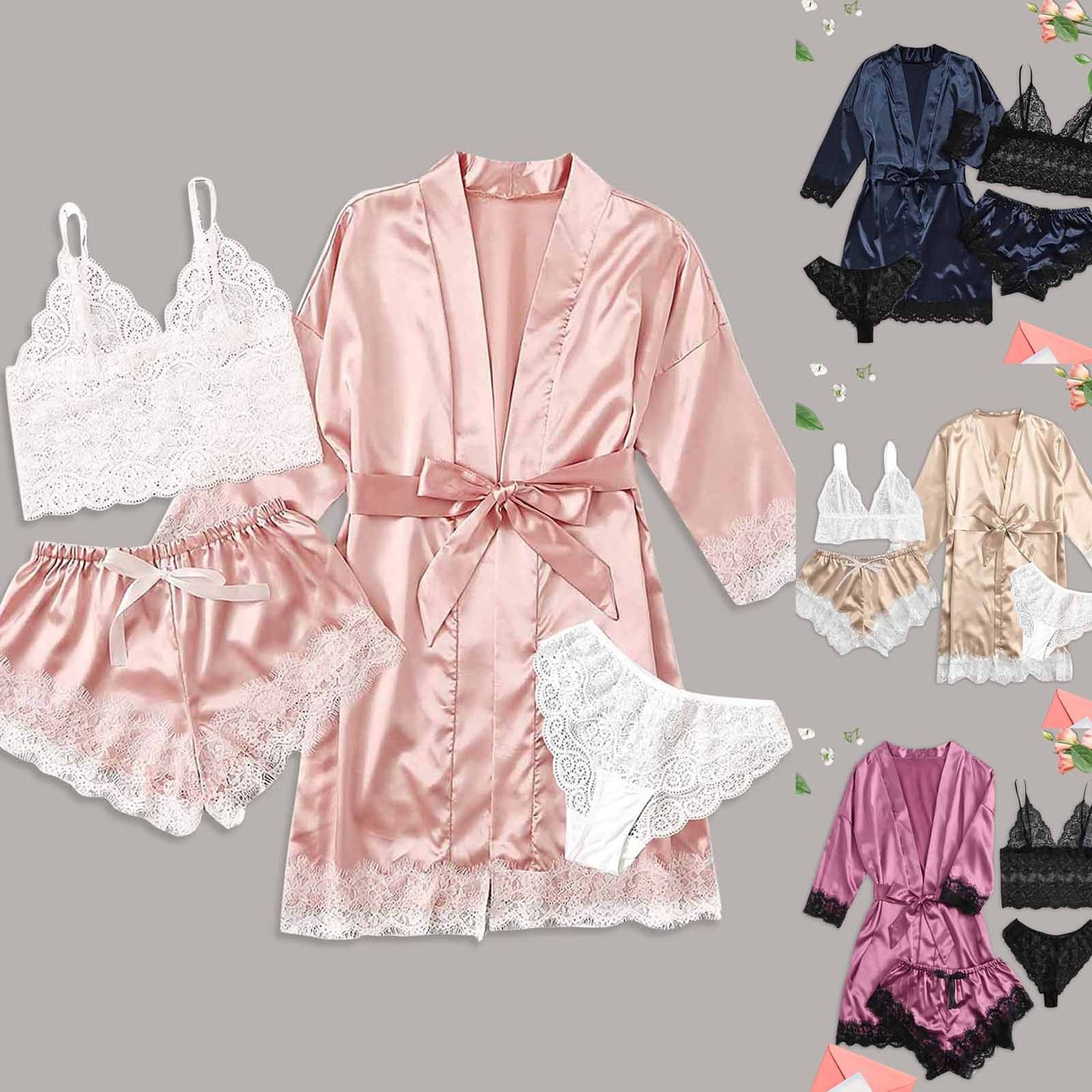 New Arrival 4Pcs/Set Women Lace Sexy Pajamas Lace Tank Top+Sexy Shorts+Gown Three Piece Set Large Size Nightdress Stretch Satin Like Silk Fabrica Pure Color Three Pieces Underwear Lace Sexy Sleepwear