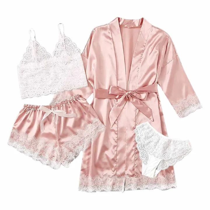 New Arrival 4Pcs/Set Women Lace Sexy Pajamas Lace Tank Top+Sexy Shorts+Gown Three Piece Set Large Size Nightdress Stretch Satin Like Silk Fabrica Pure Color Three Pieces Underwear Lace Sexy Sleepwear