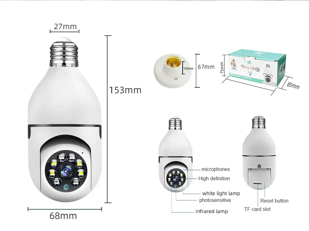 Night vision dual light 360 degree monitoring home LED Light HD 1080P IP Camera wireless panoramic home security WiFi CCTV smart bulb camera two audio night vision cameras（no card）