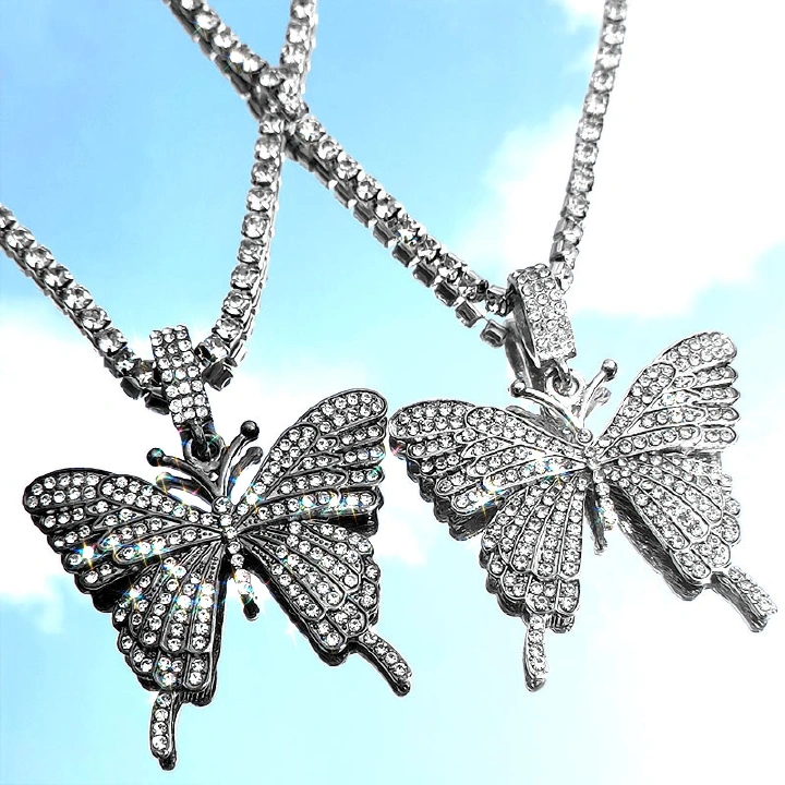 Women's Fashion Sparking Fully Iced Out Crystal Pave Butterfly Pendant Cubic Zircon 3D Butterfly Pendant Necklace Fashion Jewelry for Women Bling Tennis Chain Crystal Choker