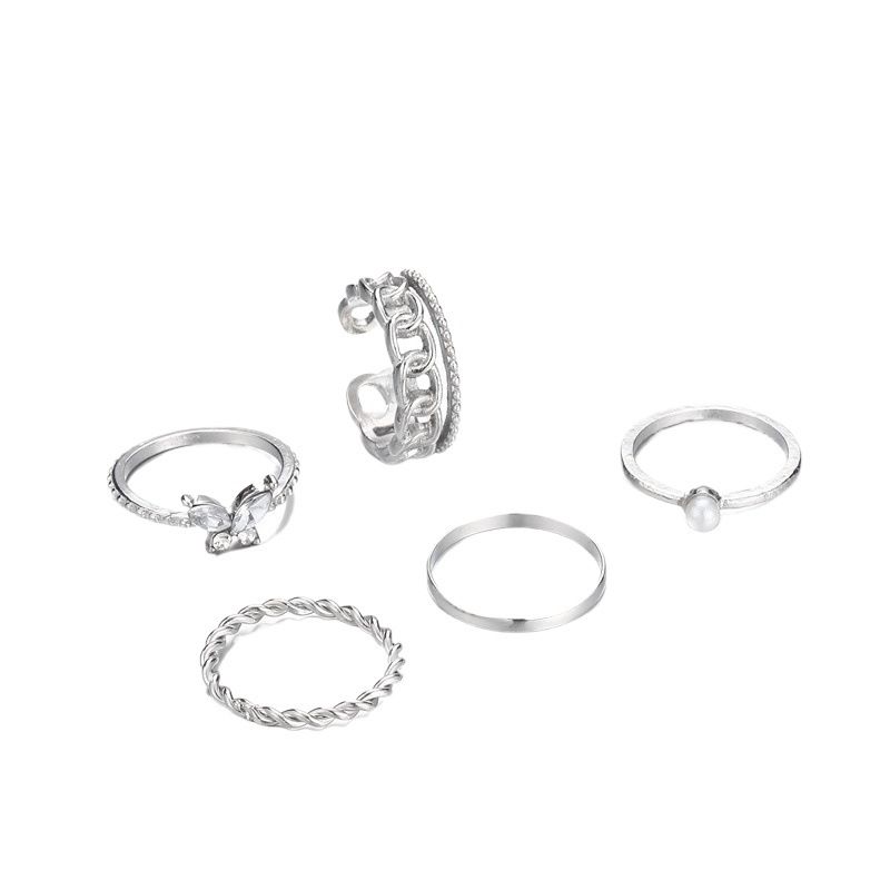 Rings Explosive 5-piece Set Inlaid Pearl Butterfly Ring Creative Fashion Joint Ring Alloy Personality Chain Open Ring Full Diamond Adjustable Any Size Gift for Friends