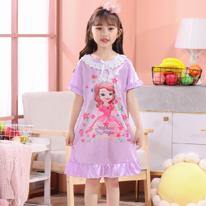 D-baby Kids Girl Dresses Summer Ice Ribbon Sleepwear Girls Cartoon Princess Print Nightgown