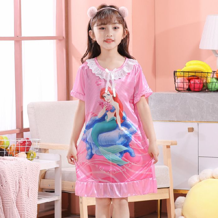 D-baby Kids Girl Dresses Summer Ice Ribbon Sleepwear Girls Cartoon Princess Print Nightgown