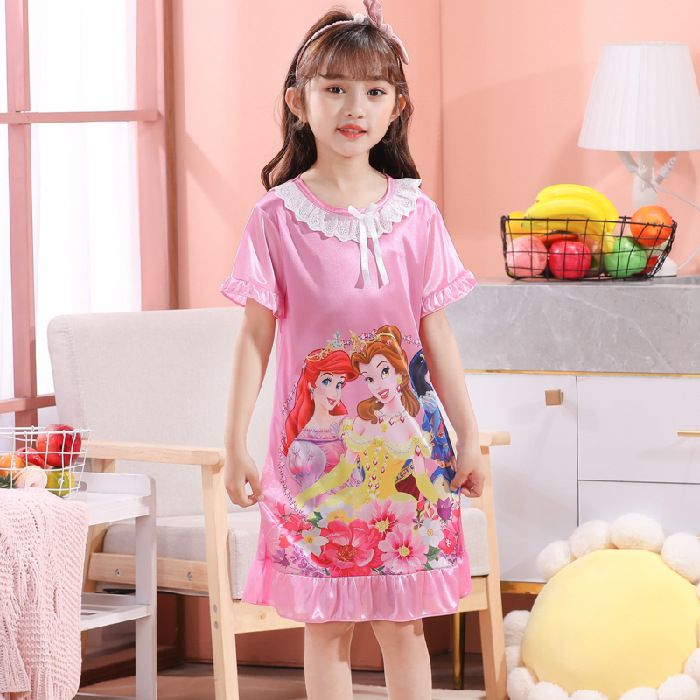 D-baby Kids Girl Dresses Summer Ice Ribbon Sleepwear Girls Cartoon Princess Print Nightgown