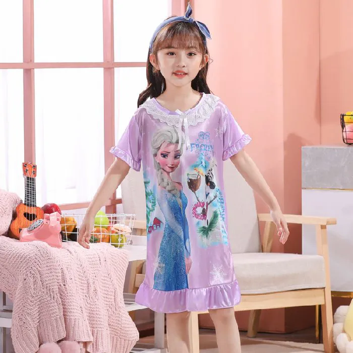 D-baby Kids Girl Dresses Summer Ice Ribbon Sleepwear Girls Cartoon Princess Print Nightgown