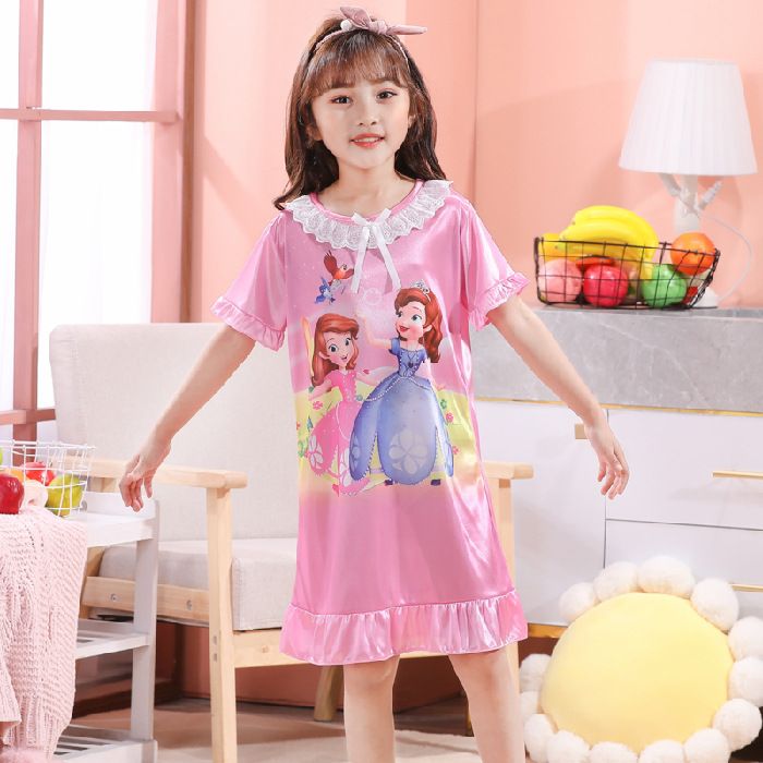 D-baby Kids Girl Dresses Summer Ice Ribbon Sleepwear Girls Cartoon Princess Print Nightgown