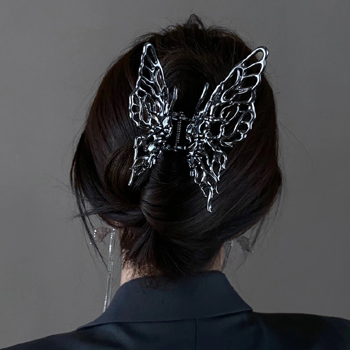 Butterfly Hair Clip Bright Silver Hair Accessories Metal liquid butterfly hair clip female back head clip large shark clip headdress ins small hair clip
