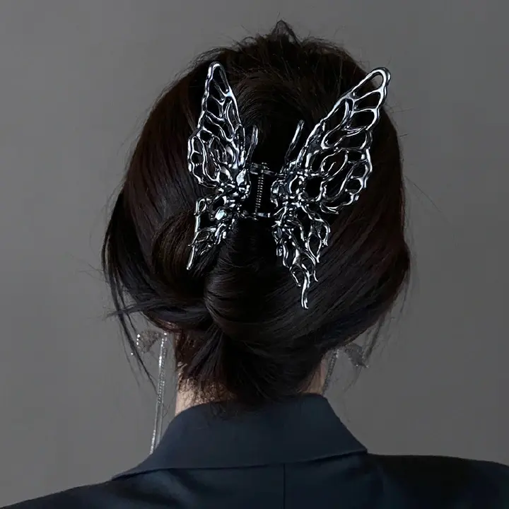 Butterfly Hair Clip Bright Silver Hair Accessories Metal liquid butterfly hair clip female back head clip large shark clip headdress ins small hair clip
