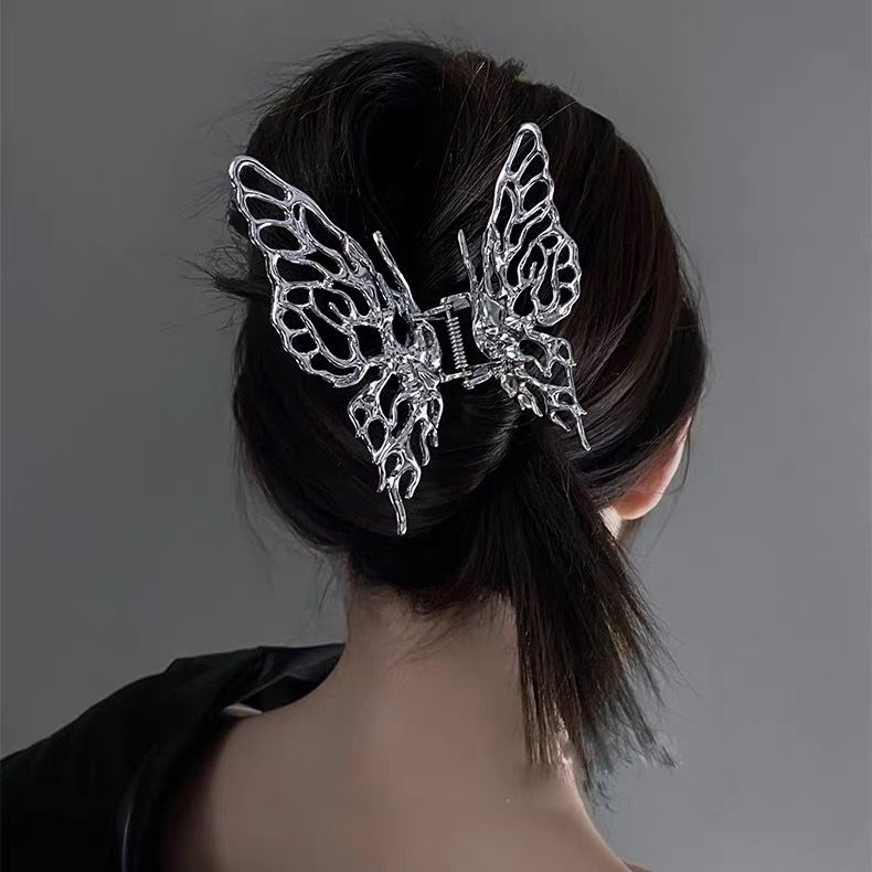 Butterfly Hair Clip Bright Silver Hair Accessories Metal liquid butterfly hair clip female back head clip large shark clip headdress ins small hair clip