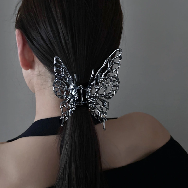 Butterfly Hair Clip Bright Silver Hair Accessories Metal liquid butterfly hair clip female back head clip large shark clip headdress ins small hair clip