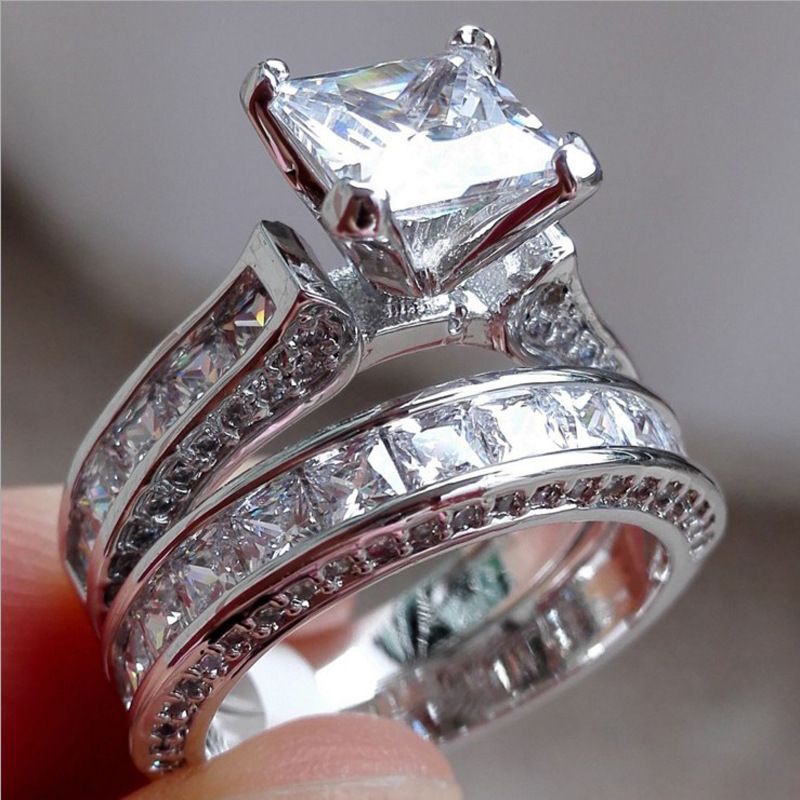 Women&apos;s Ring Zircon Diamond Wedding Rings a pair of Diamond Set lady&apos;s Rings Dress Jewelry Gift Silver Filled Jewelry Promise Engagement Rings For Women