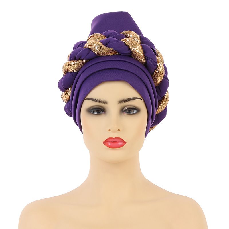 New Space Layer Sequin Braid Hat Fashionable  Hat Lady High Class Turban Caps Wear Headscarf Bonnet Arab Head Wraps Women Braid Auto Gele African Hijab Turban Head Wraps for Black Women Braid Beanie
