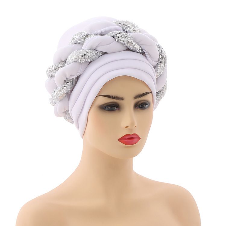 New Space Layer Sequin Braid Hat Fashionable  Hat Lady High Class Turban Caps Wear Headscarf Bonnet Arab Head Wraps Women Braid Auto Gele African Hijab Turban Head Wraps for Black Women Braid Beanie