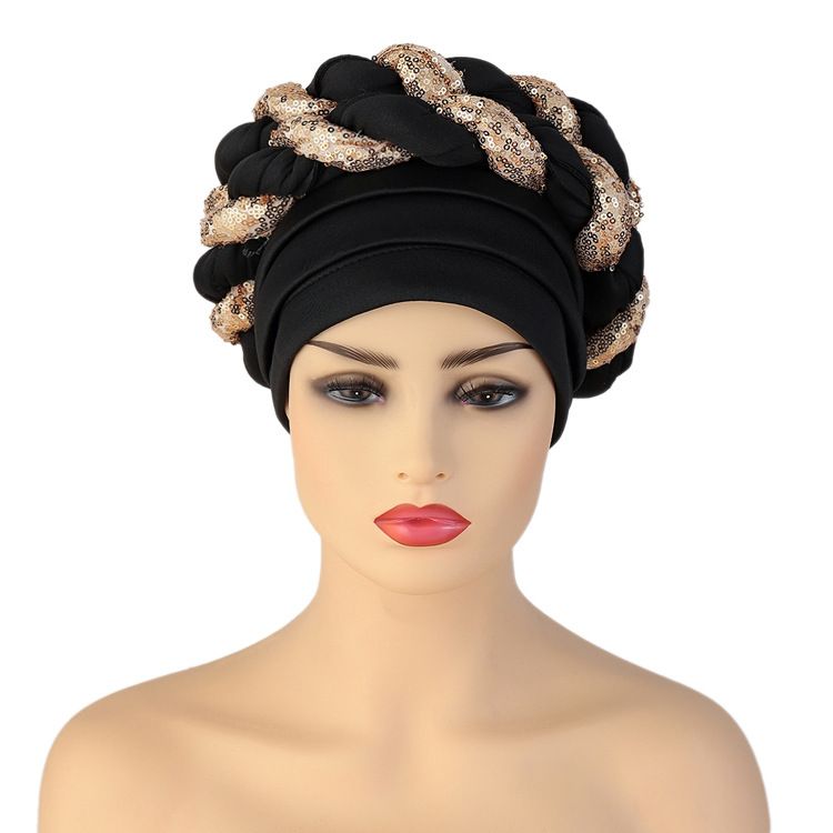 New Space Layer Sequin Braid Hat Fashionable  Hat Lady High Class Turban Caps Wear Headscarf Bonnet Arab Head Wraps Women Braid Auto Gele African Hijab Turban Head Wraps for Black Women Braid Beanie