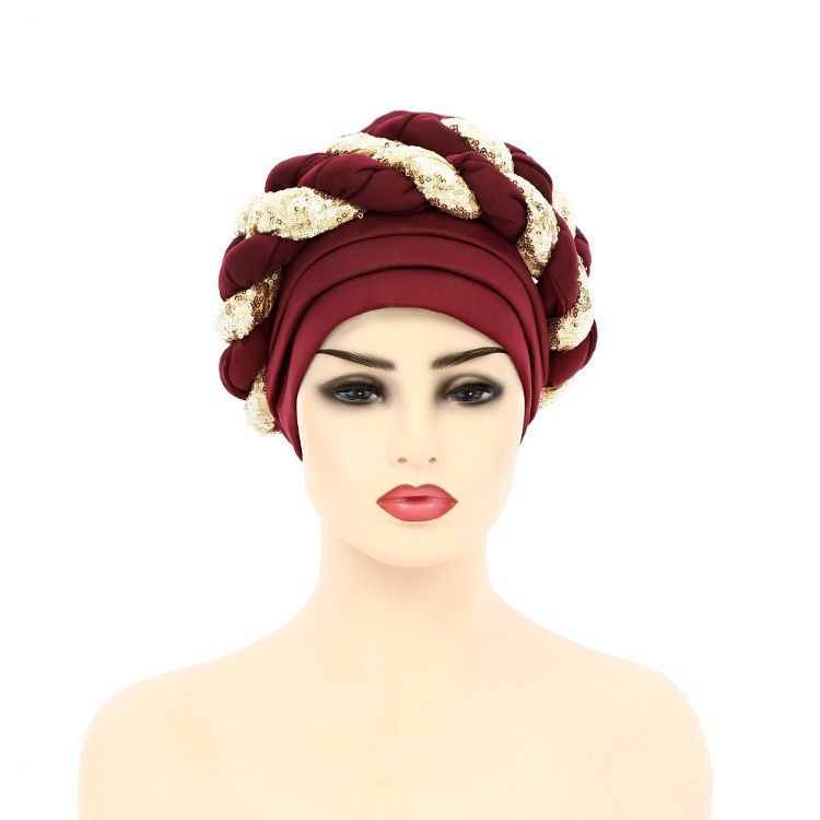 New Space Layer Sequin Braid Hat Fashionable  Hat Lady High Class Turban Caps Wear Headscarf Bonnet Arab Head Wraps Women Braid Auto Gele African Hijab Turban Head Wraps for Black Women Braid Beanie
