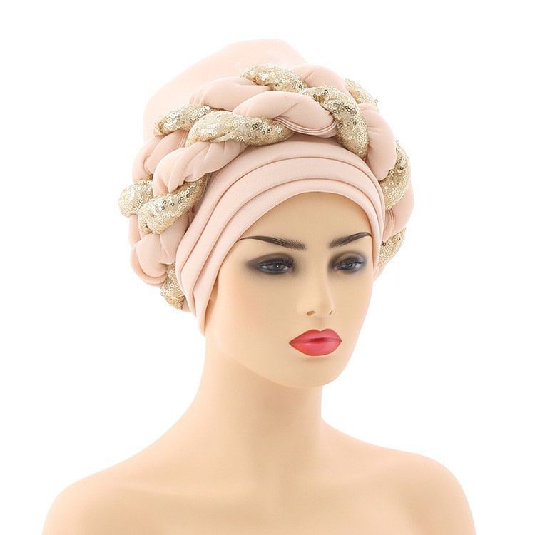 New Space Layer Sequin Braid Hat Fashionable  Hat Lady High Class Turban Caps Wear Headscarf Bonnet Arab Head Wraps Women Braid Auto Gele African Hijab Turban Head Wraps for Black Women Braid Beanie