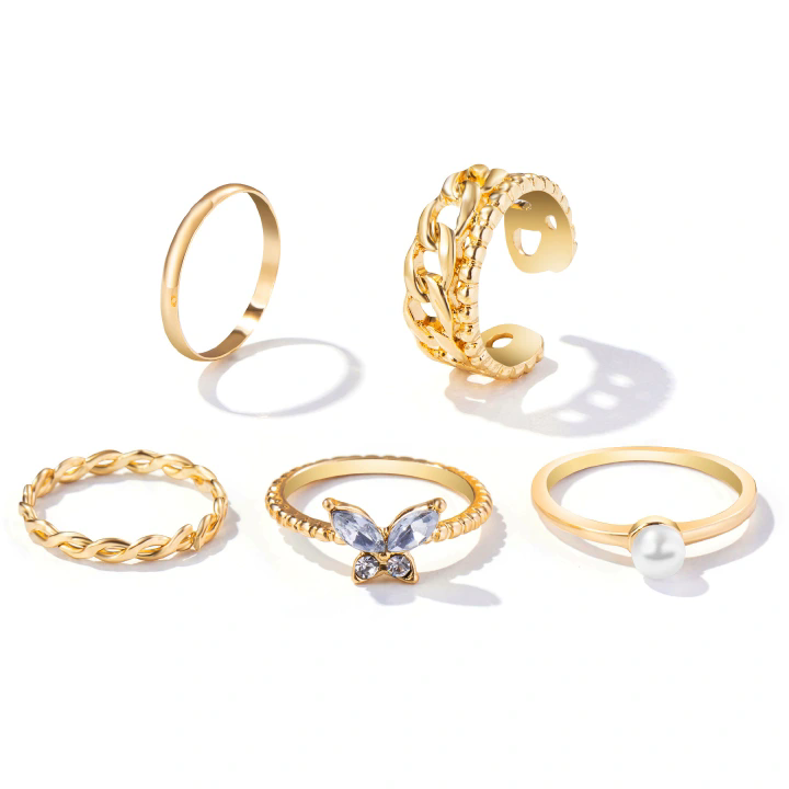 Rings Explosive 5-piece Set Inlaid Pearl Butterfly Ring Creative Fashion Joint Ring Alloy Personality Chain Open Ring Full Diamond Adjustable Any Size Gift for Friends
