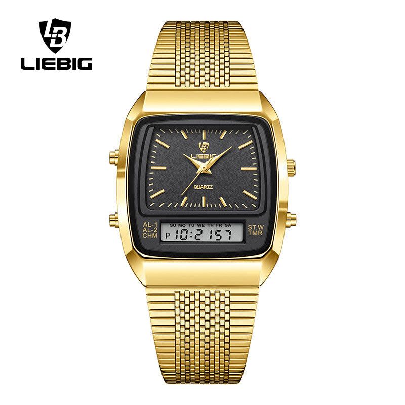 LIEBIG New Golden Steel Strap Quartz Sport Watch Mens Dual Time Week Display Digital Wristwatches Waterproof Clock