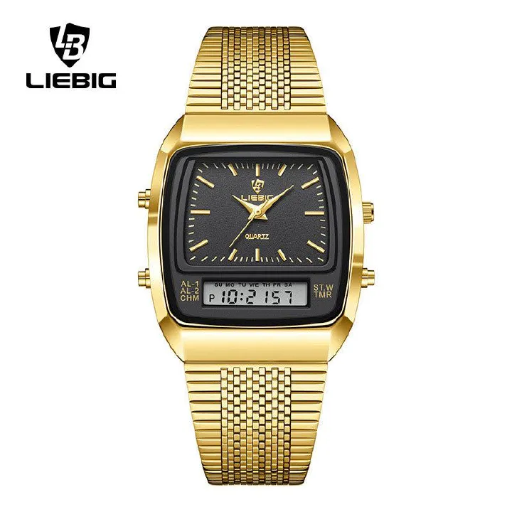 LIEBIG New Golden Steel Strap Quartz Sport Watch Mens Dual Time Week Display Digital Wristwatches Waterproof Clock