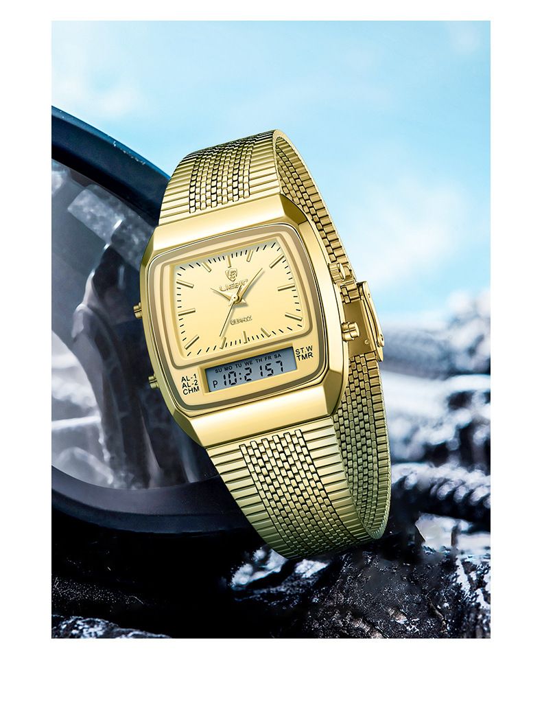 LIEBIG New Golden Steel Strap Quartz Sport Watch Mens Dual Time Week Display Digital Wristwatches Waterproof Clock