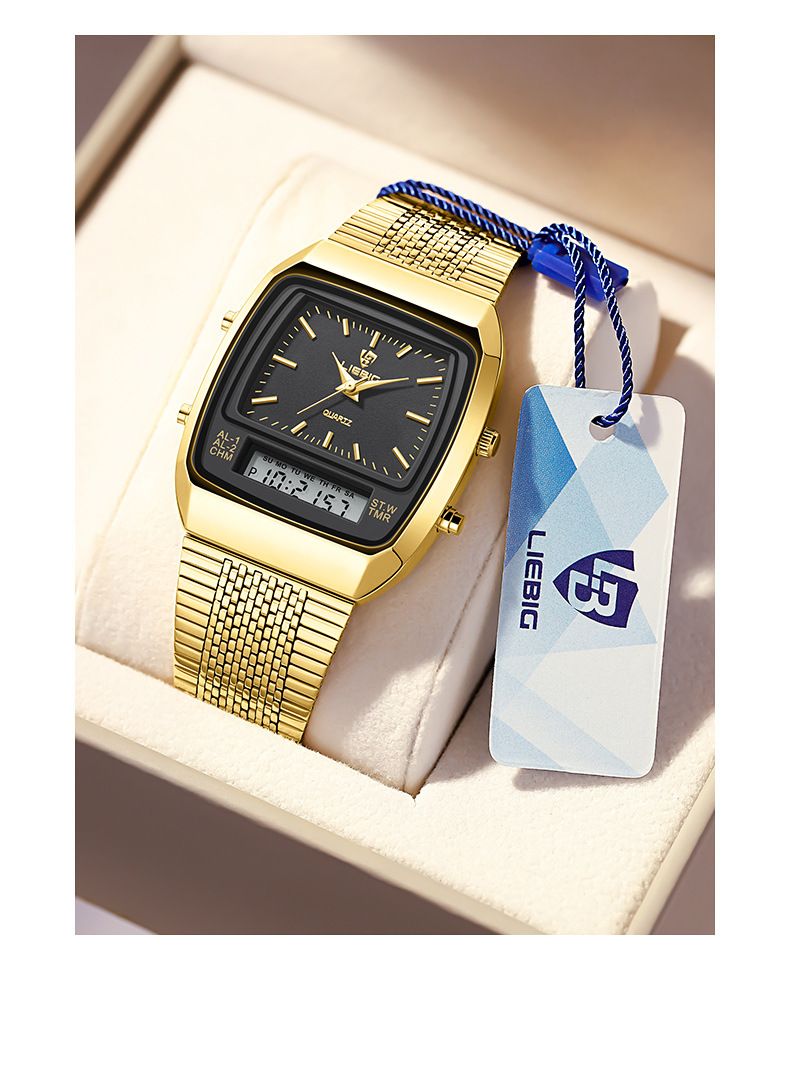 LIEBIG New Golden Steel Strap Quartz Sport Watch Mens Dual Time Week Display Digital Wristwatches Waterproof Clock