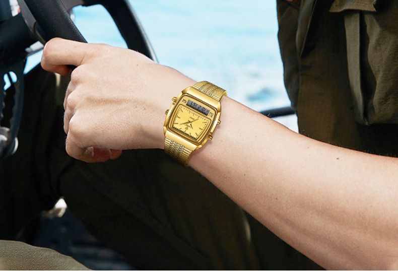 LIEBIG New Golden Steel Strap Quartz Sport Watch Mens Dual Time Week Display Digital Wristwatches Waterproof Clock