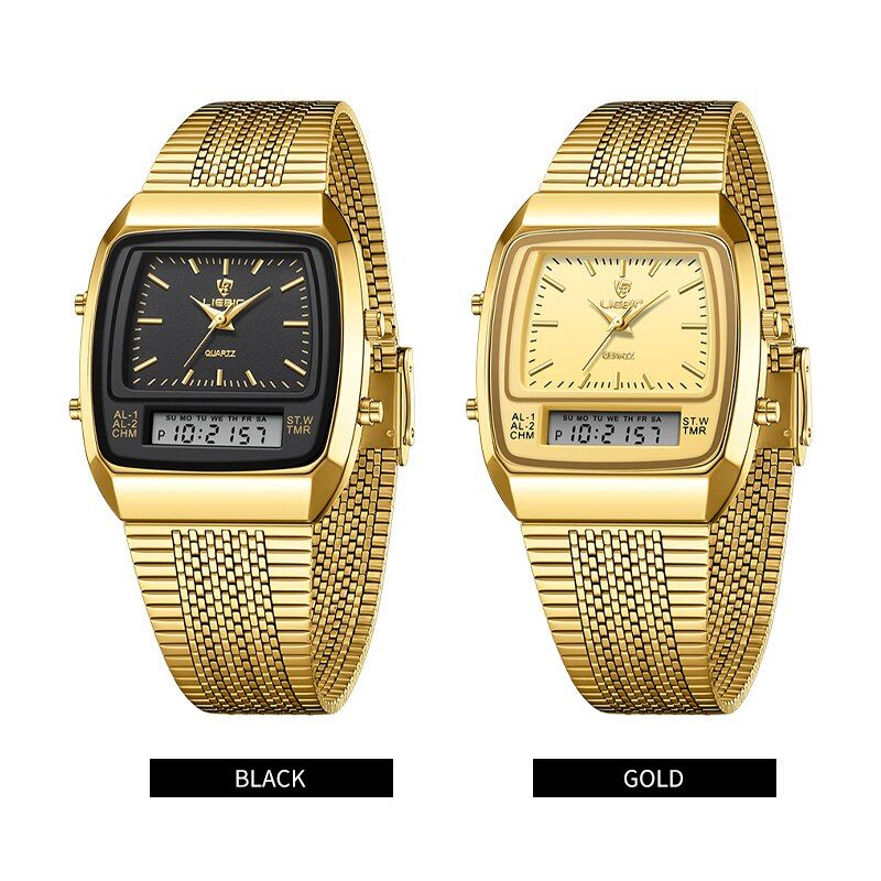 LIEBIG New Golden Steel Strap Quartz Sport Watch Mens Dual Time Week Display Digital Wristwatches Waterproof Clock
