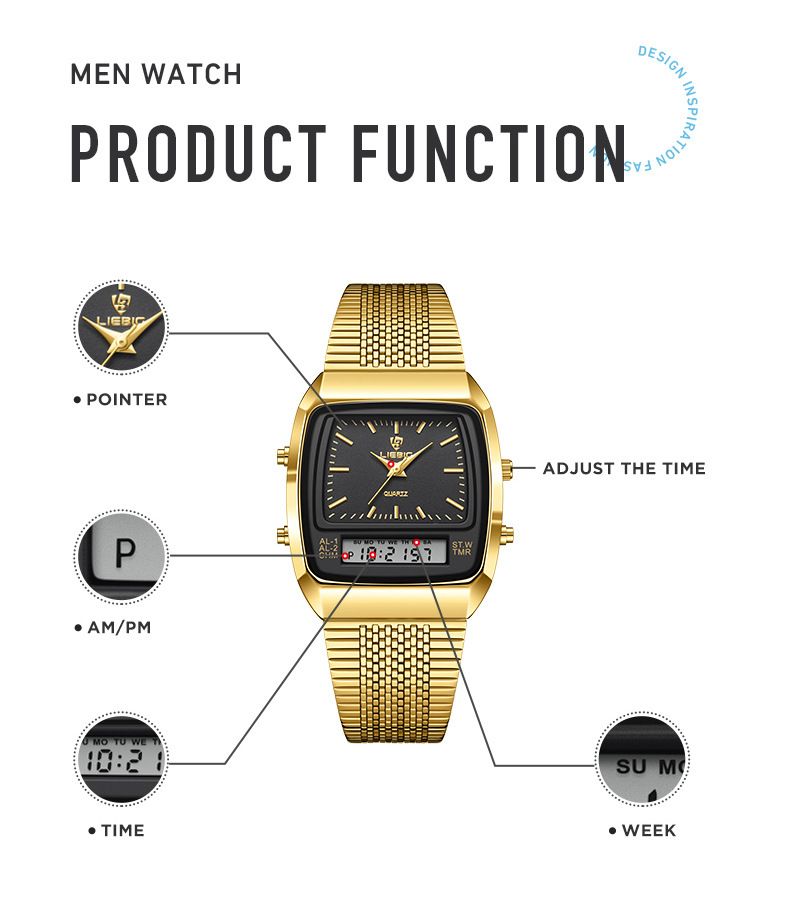 LIEBIG New Golden Steel Strap Quartz Sport Watch Mens Dual Time Week Display Digital Wristwatches Waterproof Clock