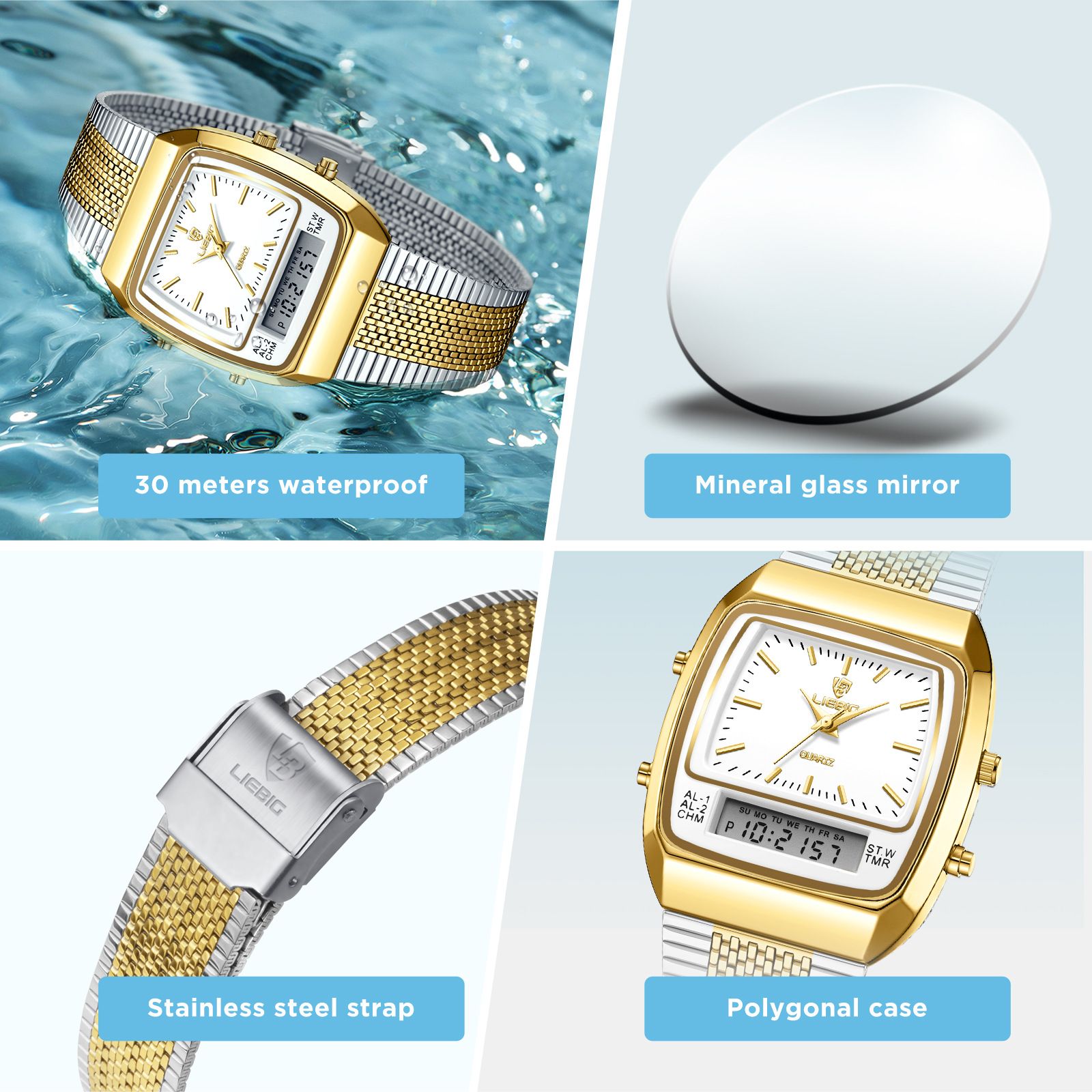 LIEBIG New Golden Steel Strap Quartz Sport Watch Mens Dual Time Week Display Digital Wristwatches Waterproof Clock
