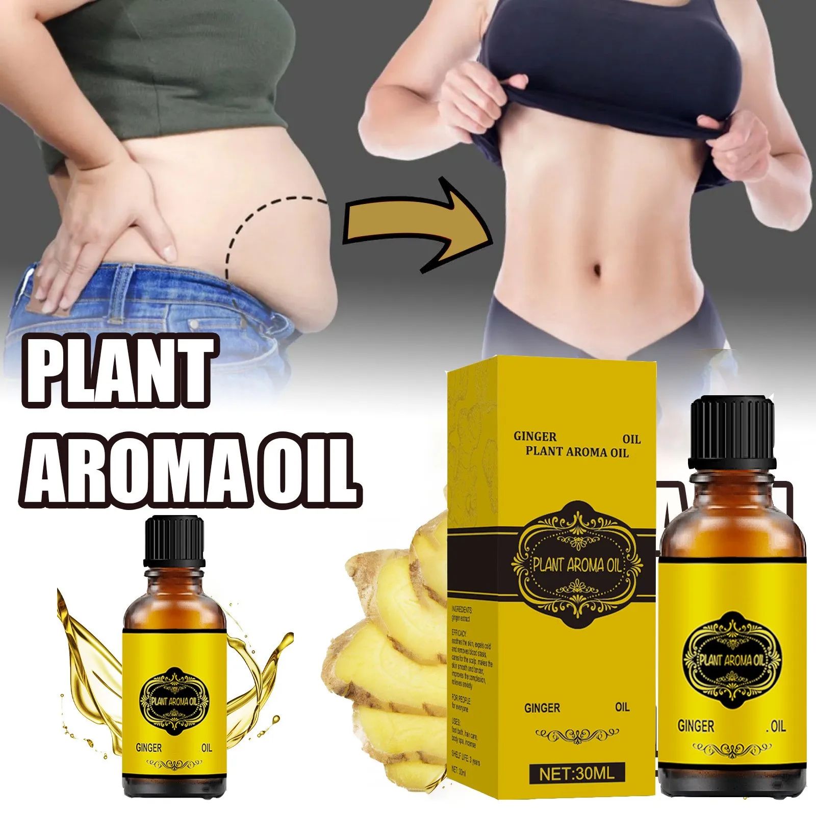 Ginger Slimming Essential Oil, firming and tightening the abdomen, reducing the belly, shaping the thighs and hands of excess fat, natural plant extracts, massage use