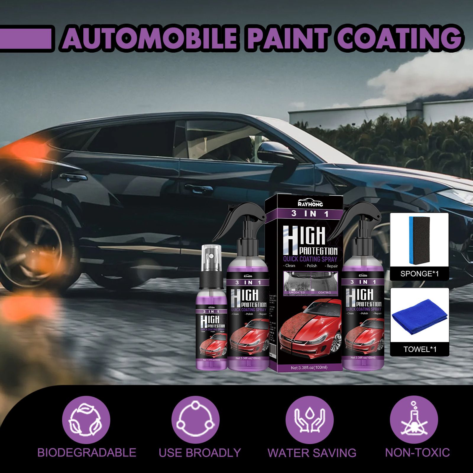 Rayhong 3-in-1 high protection fast automotive coating spray automatic hand paint color change cleaning coating spray