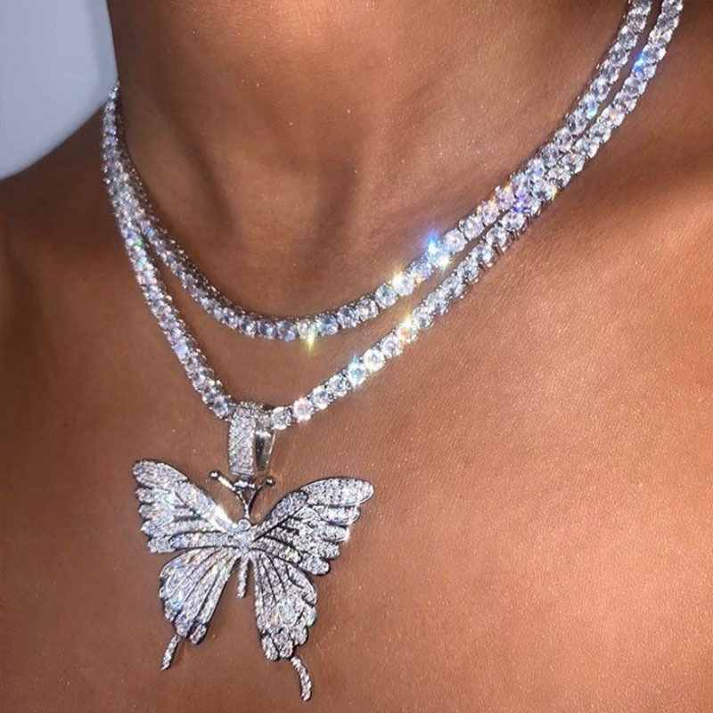 Women's Fashion Sparking Fully Iced Out Crystal Pave Butterfly Pendant Cubic Zircon 3D Butterfly Pendant Necklace Fashion Jewelry for Women Bling Tennis Chain Crystal Choker