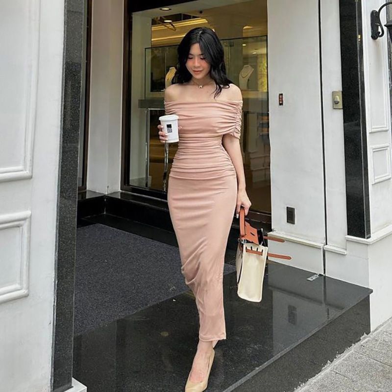 2024 spring Africa one-line shoulder pleated dress slimming comfortable casual slimming split base skirt dress long skirt