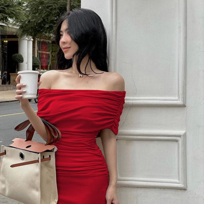 2024 spring Africa one-line shoulder pleated dress slimming comfortable casual slimming split base skirt dress long skirt