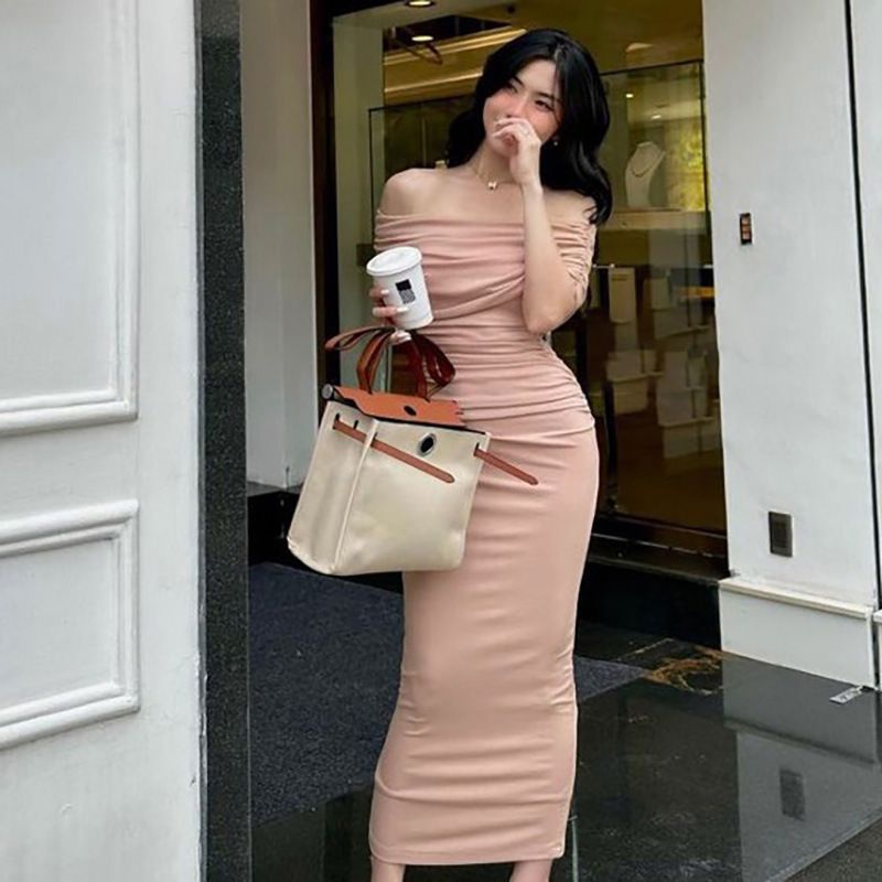 2024 spring Africa one-line shoulder pleated dress slimming comfortable casual slimming split base skirt dress long skirt