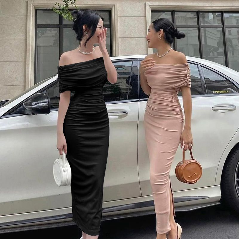 2024 spring Africa one-line shoulder pleated dress slimming comfortable casual slimming split base skirt dress long skirt