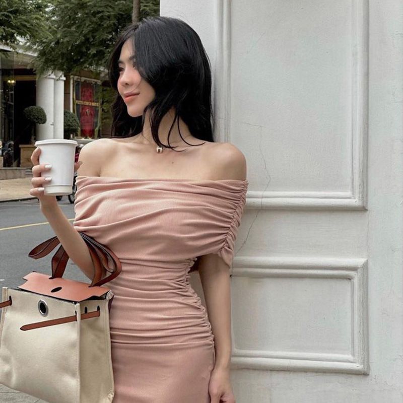2024 spring Africa one-line shoulder pleated dress slimming comfortable casual slimming split base skirt dress long skirt