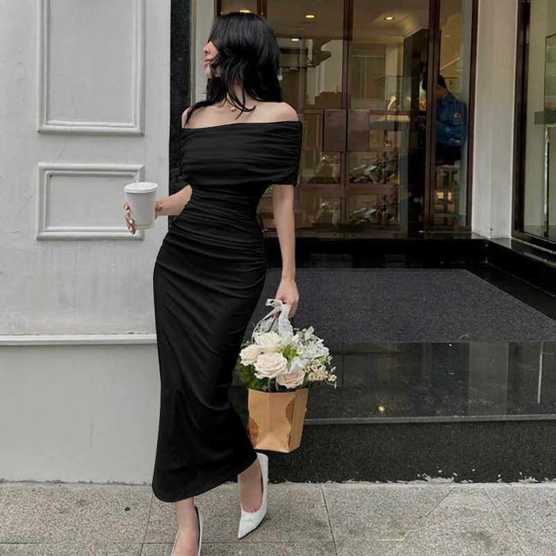 2024 spring Africa one-line shoulder pleated dress slimming comfortable casual slimming split base skirt dress long skirt