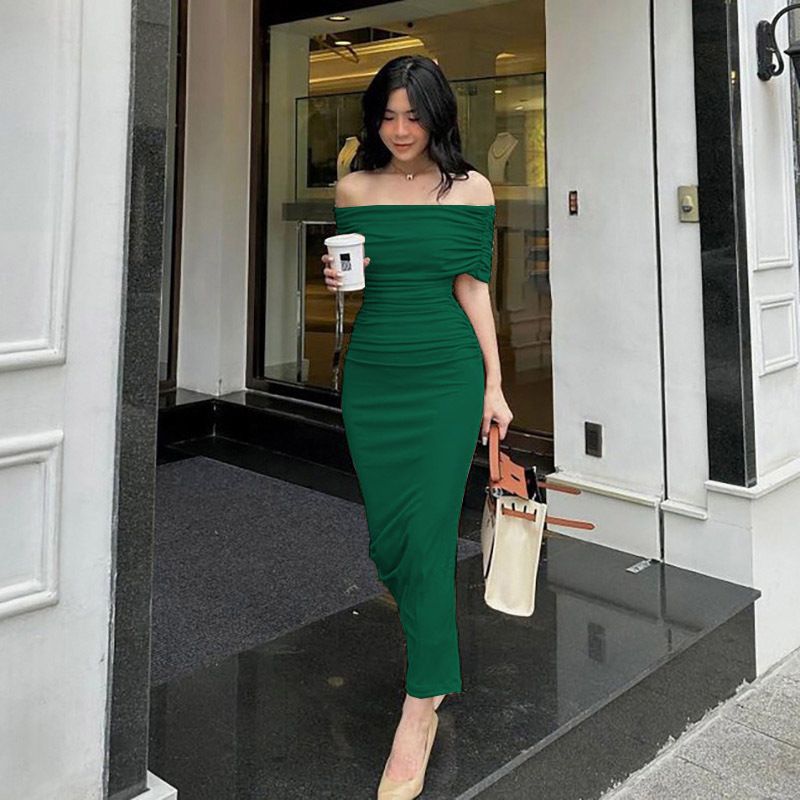 2024 spring Africa one-line shoulder pleated dress slimming comfortable casual slimming split base skirt dress long skirt