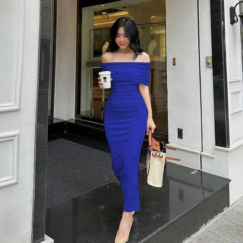 2024 spring Africa one-line shoulder pleated dress slimming comfortable casual slimming split base skirt dress long skirt