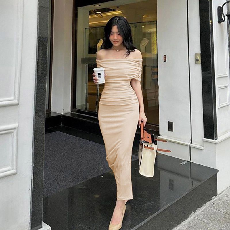 2024 spring Africa one-line shoulder pleated dress slimming comfortable casual slimming split base skirt dress long skirt
