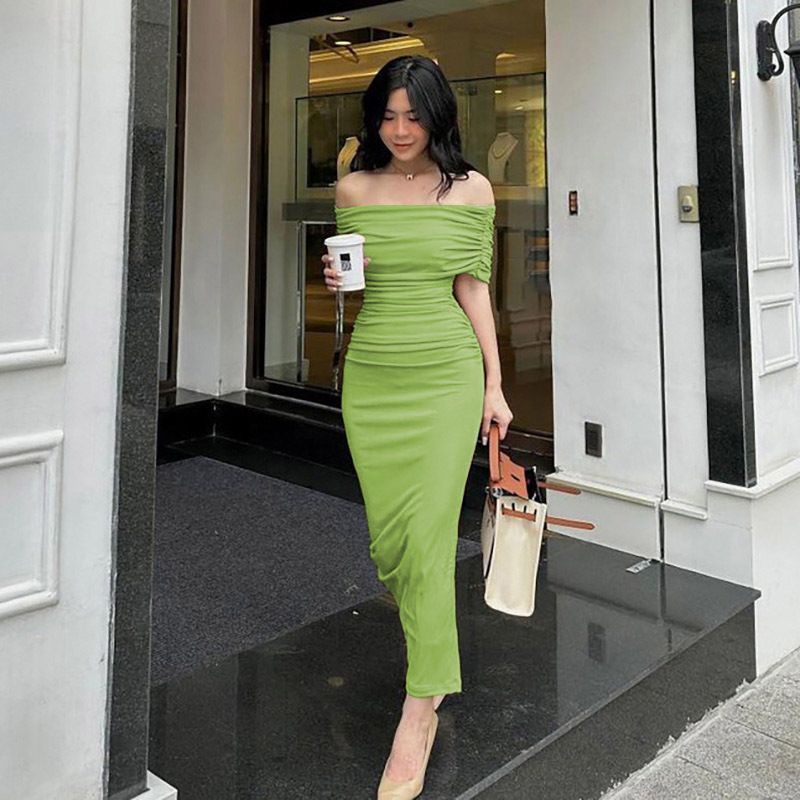 2024 spring Africa one-line shoulder pleated dress slimming comfortable casual slimming split base skirt dress long skirt
